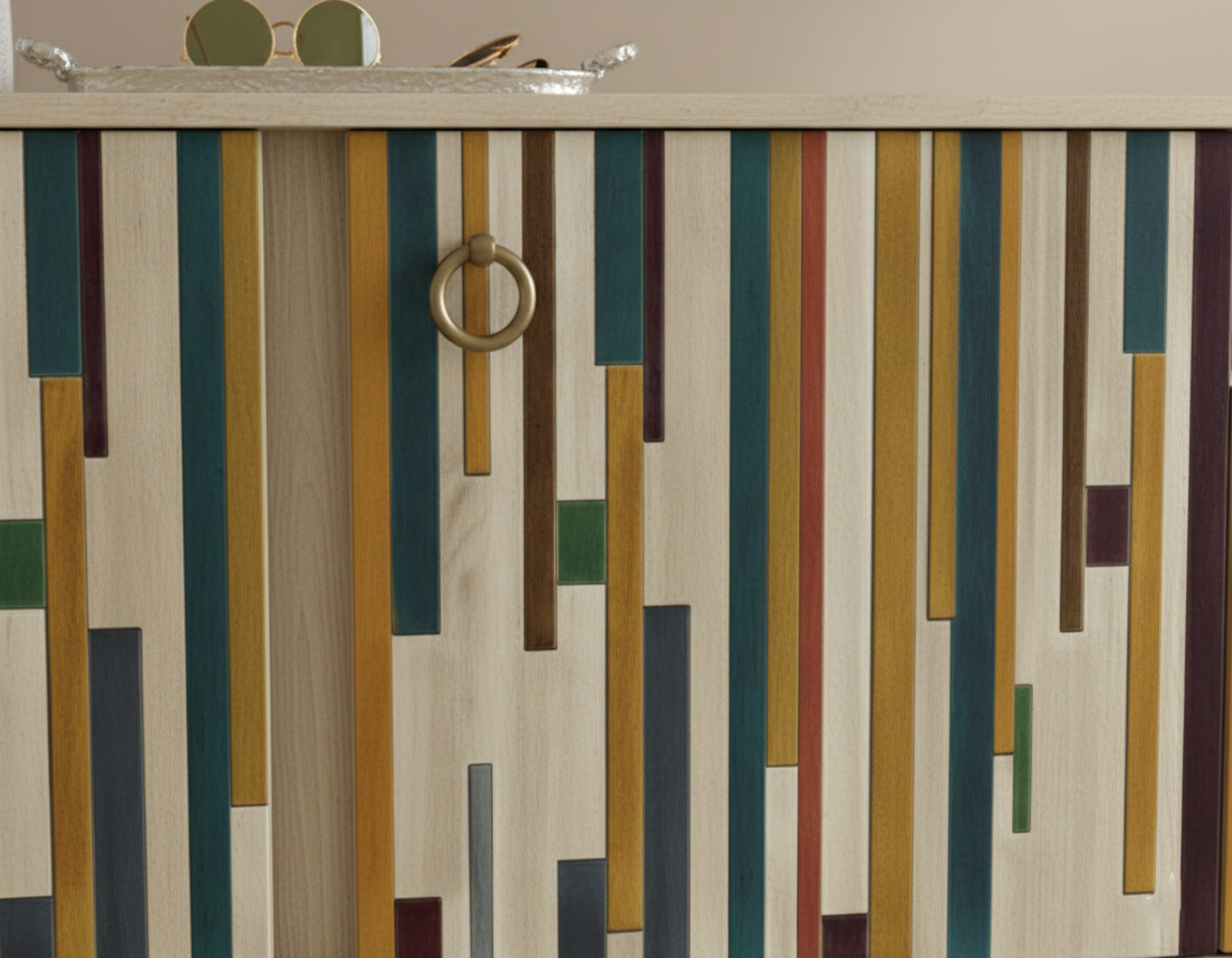 Hand-Painted Mid-Century Modern Sideboard – Minimalist Geometric Media Console