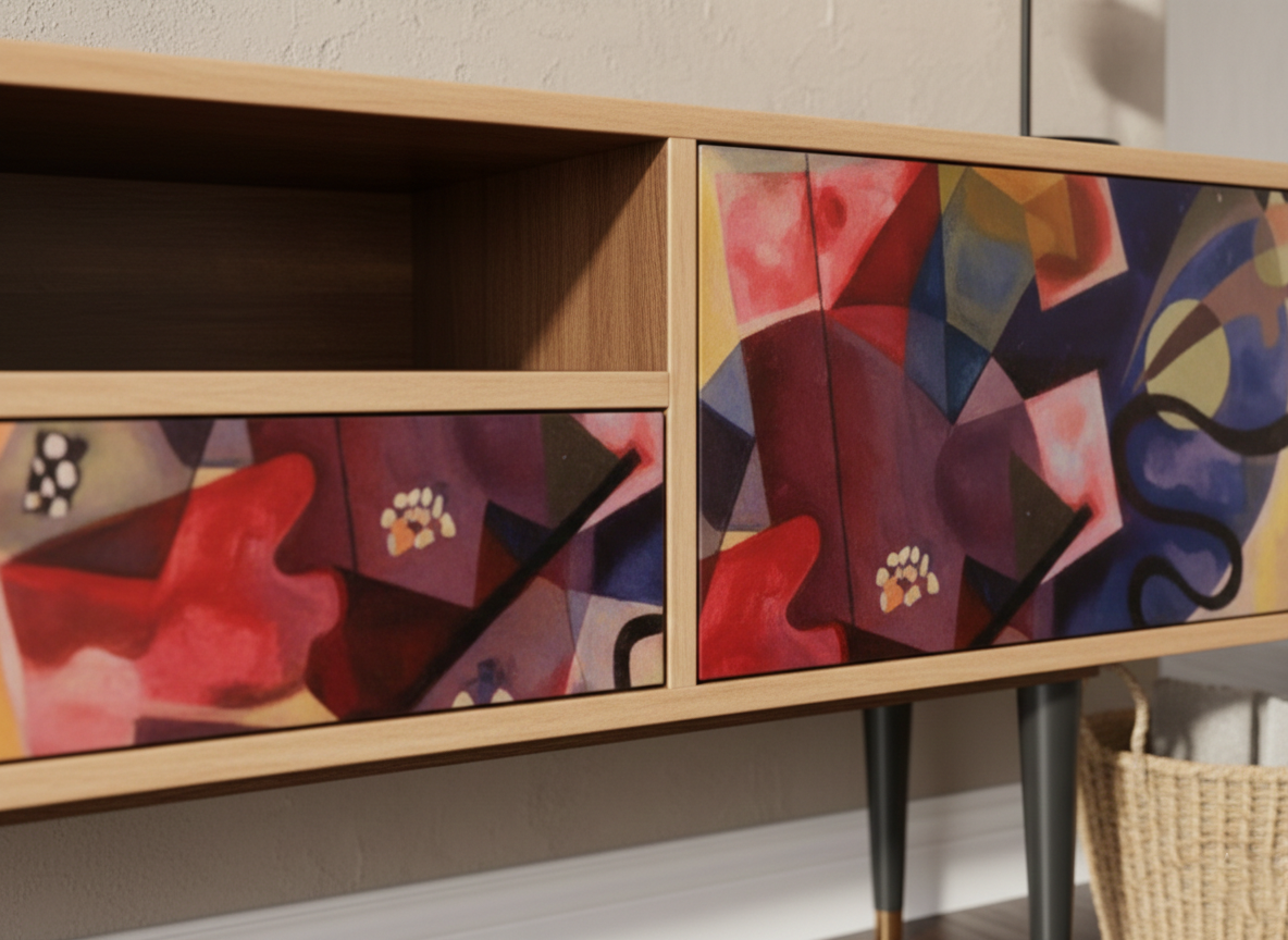 Hand-Painted Abstract Art Sideboard – Mid-Century Modern Designer Media Console