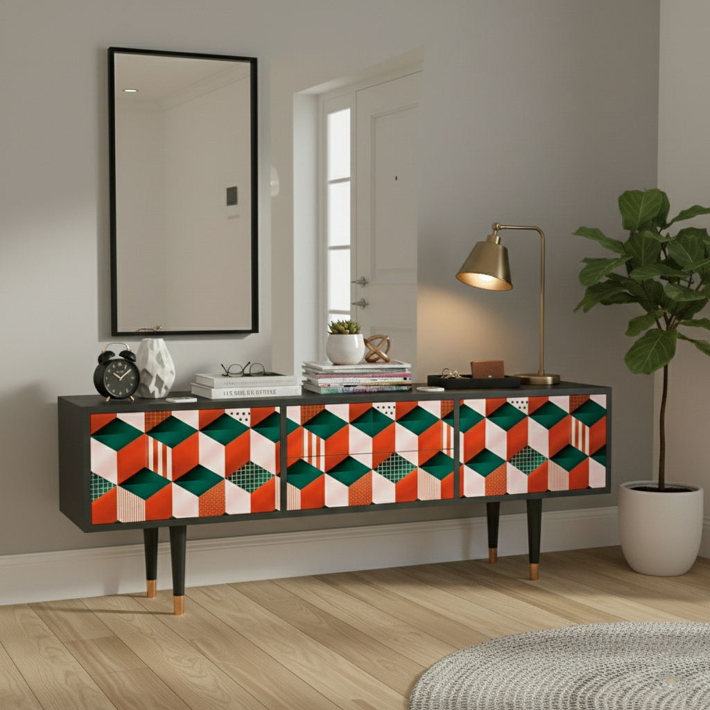 Hand-Painted Geometric Sideboard – Mid-Century Modern Media Console