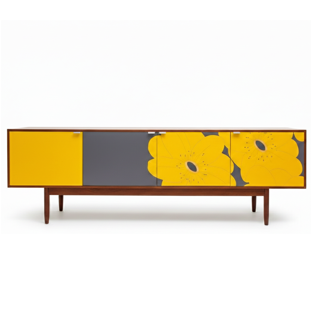 Hand-Painted Floral Sideboard – Yellow Flower Mid-Century Modern Media Console