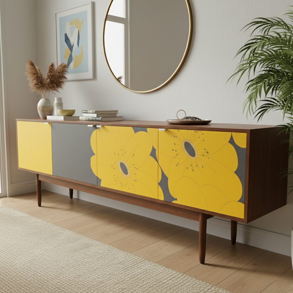 Hand-Painted Floral Sideboard – Yellow Flower Mid-Century Modern Media Console