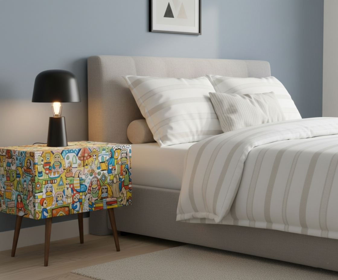 Hand-Painted Folk Art Bedside Table – Colorful Real Wood Nightstand