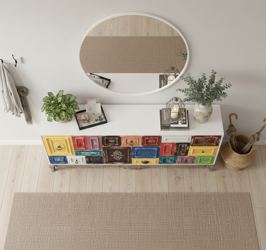 Hand-Painted Patchwork Sideboard – Vintage Boho Real Wood Storage Cabinet