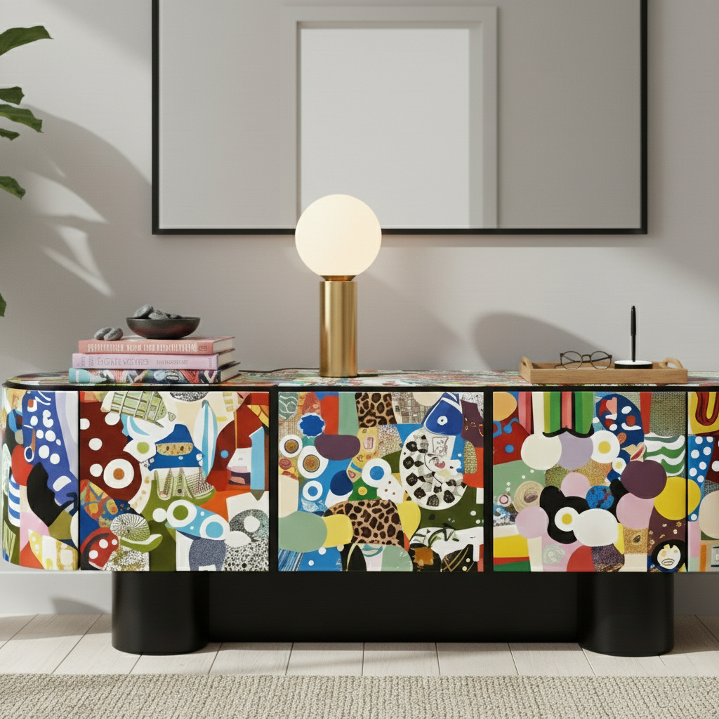 Hand-Painted Abstract Cabinet – Modern Art Media Console | Real Wood Designer Credenza