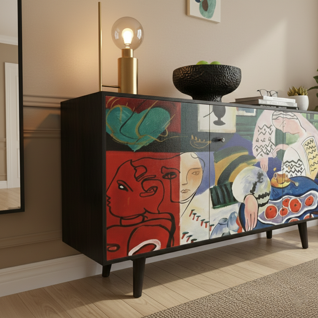 Hand-Painted Abstract Art Sideboard – Modern Statement Console Cabinet