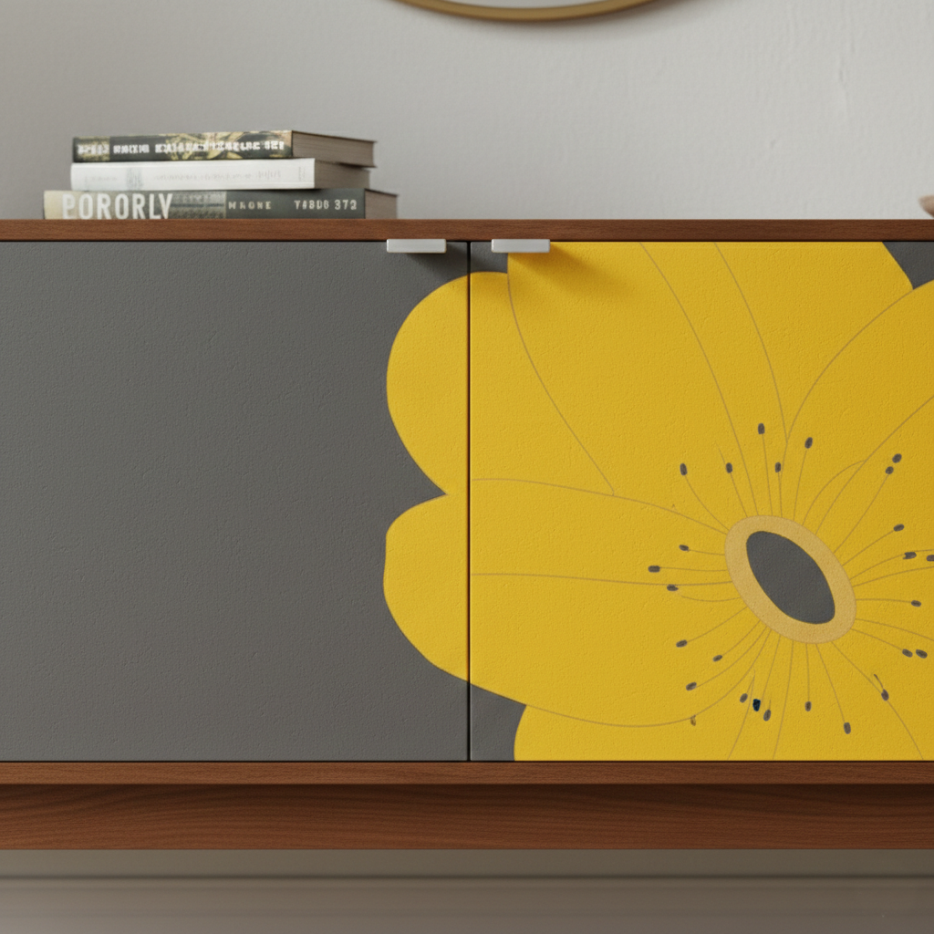 Hand-Painted Floral Sideboard – Yellow Flower Mid-Century Modern Media Console