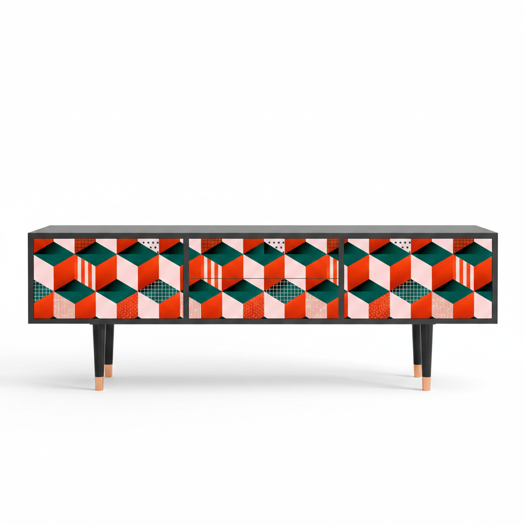 Hand-Painted Geometric Sideboard – Mid-Century Modern Media Console