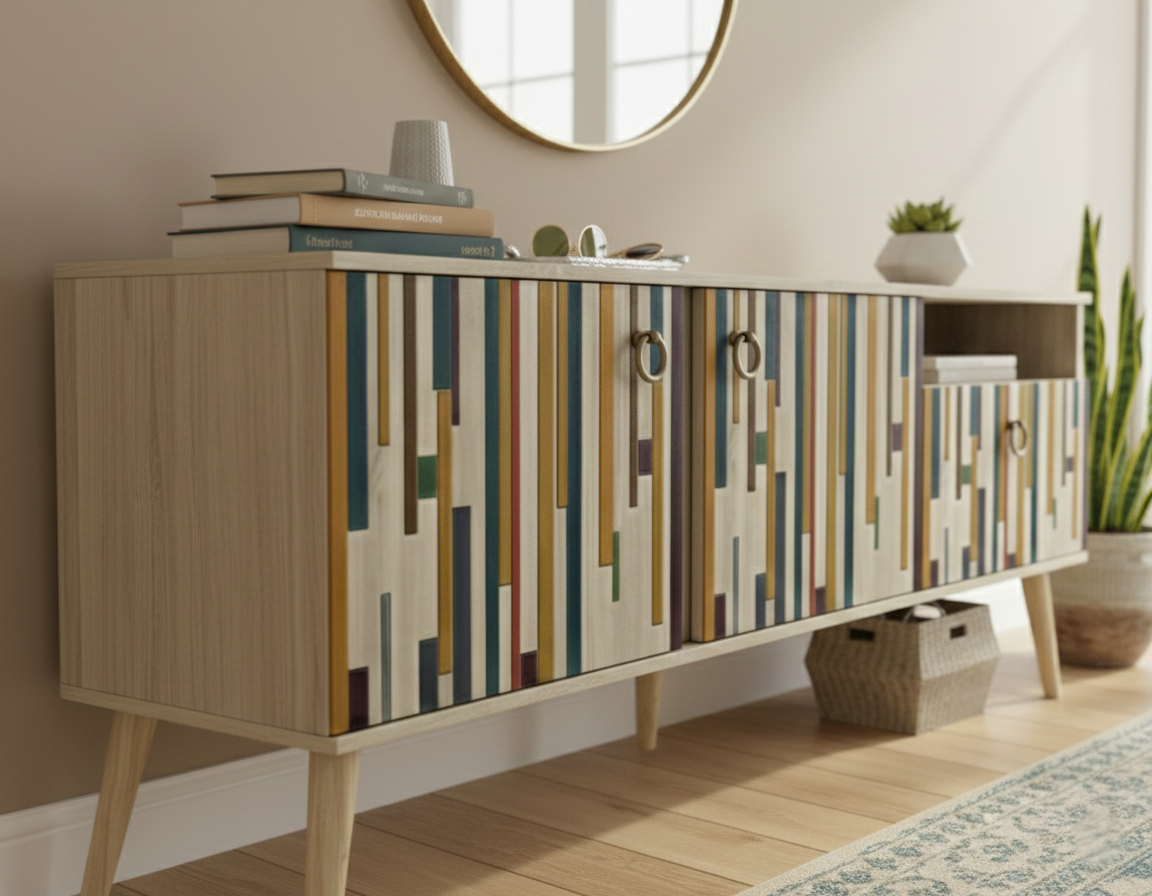 Hand-Painted Mid-Century Modern Sideboard – Minimalist Geometric Media Console