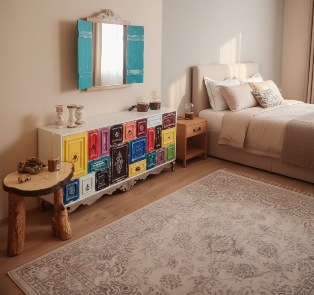 Hand-Painted Patchwork Sideboard – Vintage Boho Real Wood Storage Cabinet