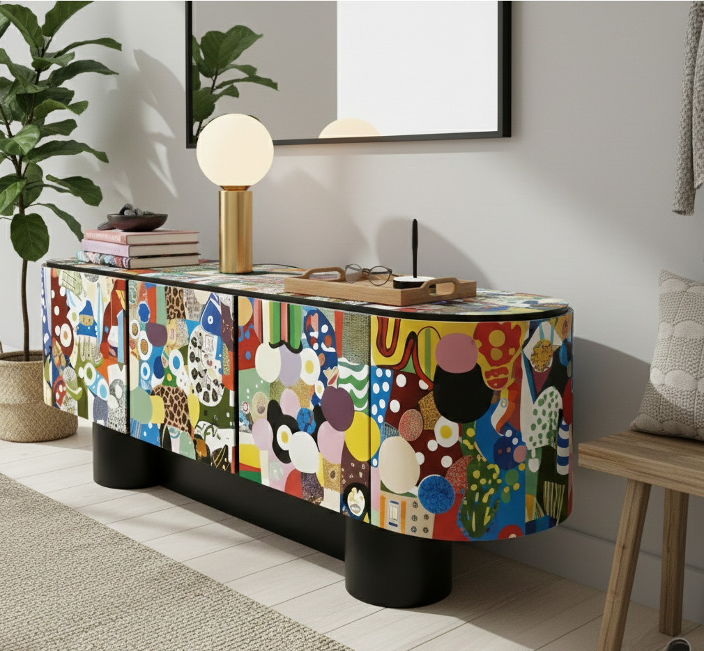 Hand-Painted Abstract Cabinet – Modern Art Media Console | Real Wood Designer Credenza