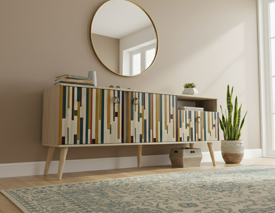 Hand-Painted Mid-Century Modern Sideboard – Minimalist Geometric Media Console