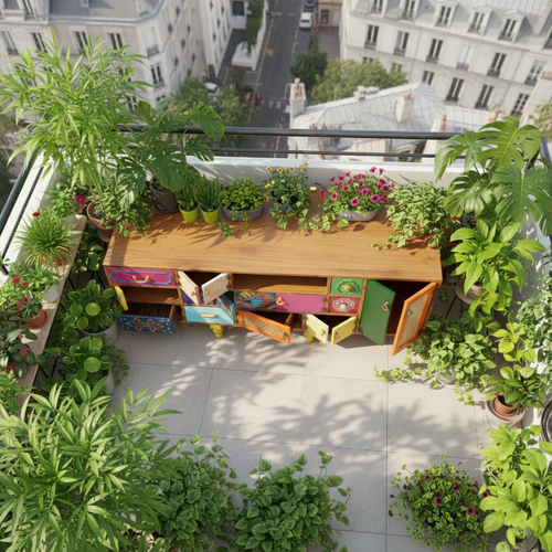 Boho Patchwork Hand-Painted Sideboard – Colorful Folk Art Wooden Credenza