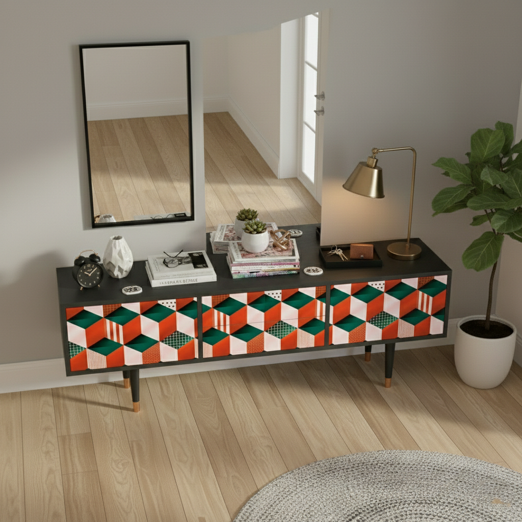Hand-Painted Geometric Sideboard – Mid-Century Modern Media Console