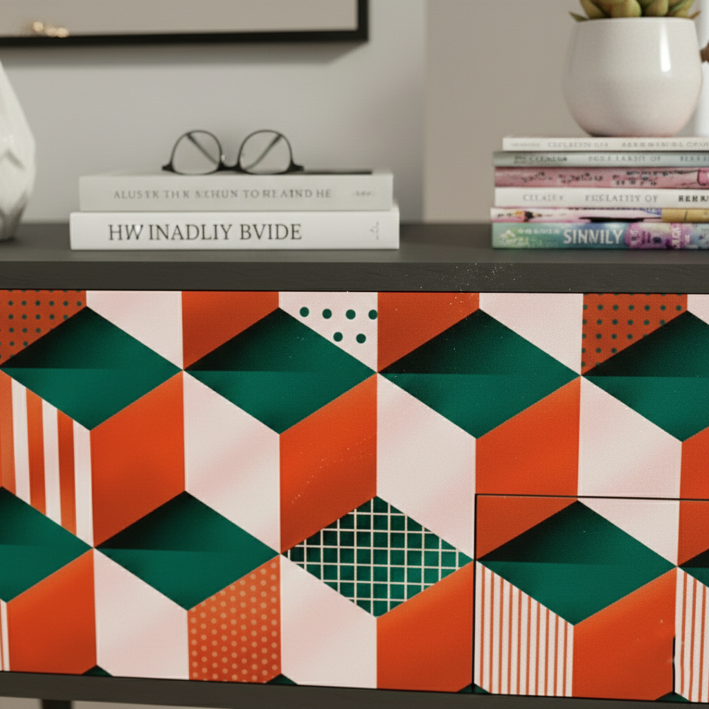 Hand-Painted Geometric Sideboard – Mid-Century Modern Media Console