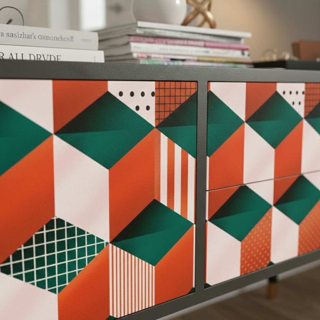 Hand-Painted Geometric Sideboard – Mid-Century Modern Media Console