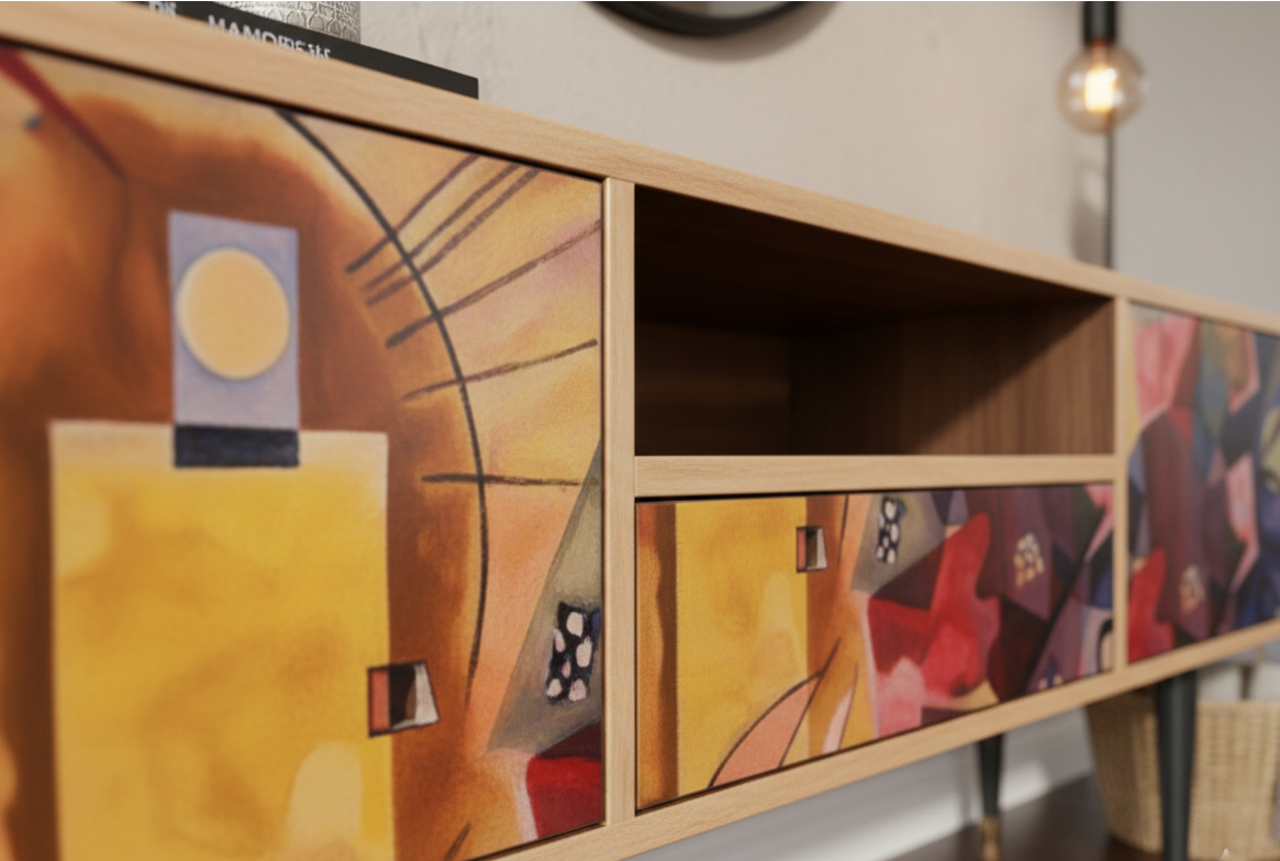 Hand-Painted Abstract Art Sideboard – Mid-Century Modern Designer Media Console