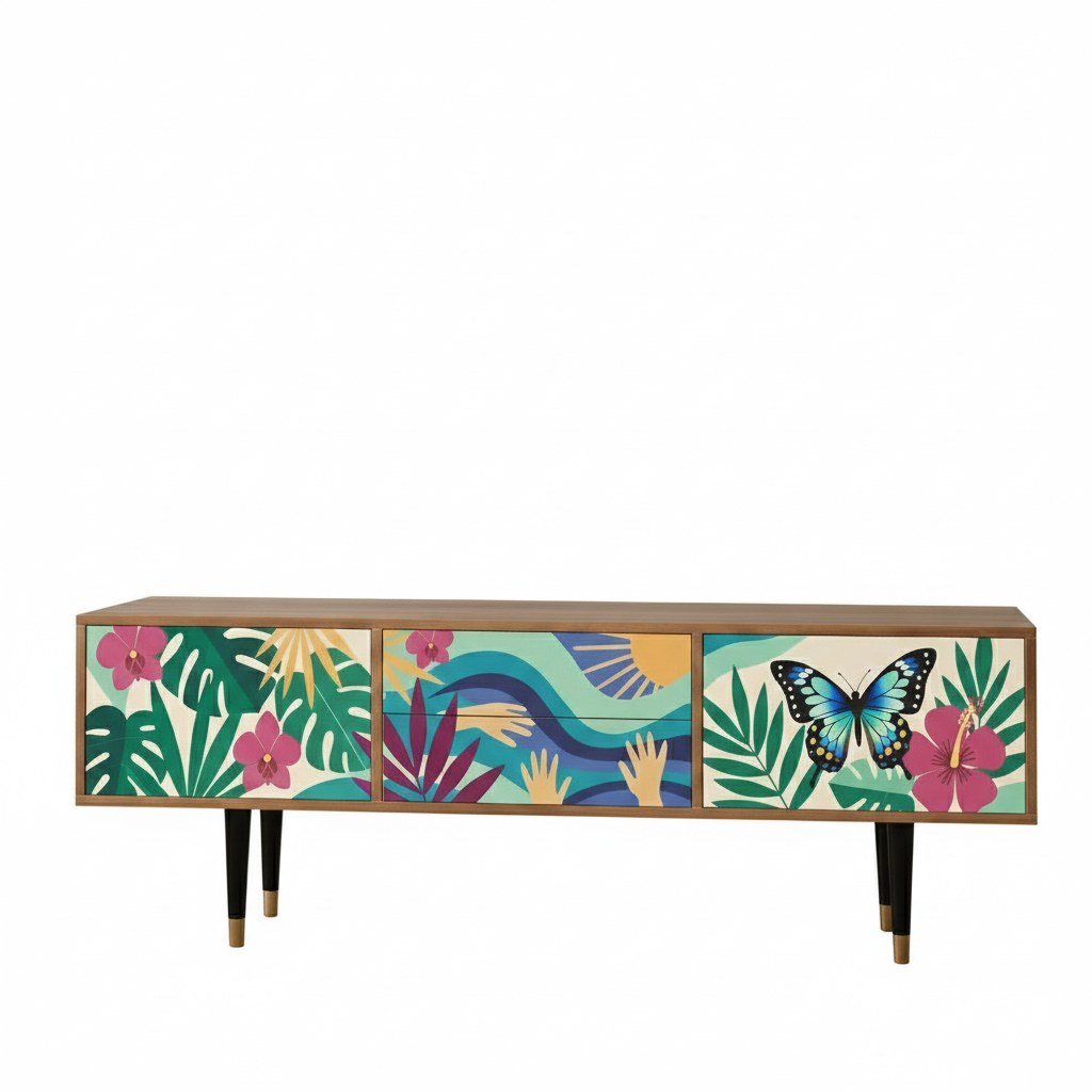 Hand-Painted Floral Butterfly Sideboard – Bohemian Real Wood Media Console