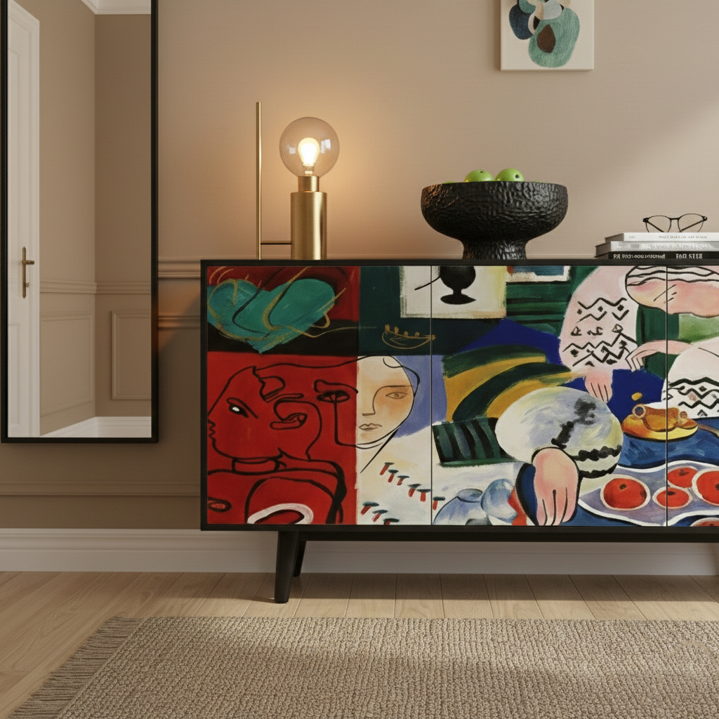 Hand-Painted Abstract Art Sideboard – Modern Statement Console Cabinet
