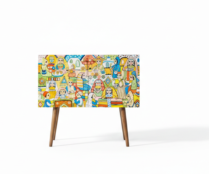 Hand-Painted Folk Art Bedside Table – Colorful Real Wood Nightstand