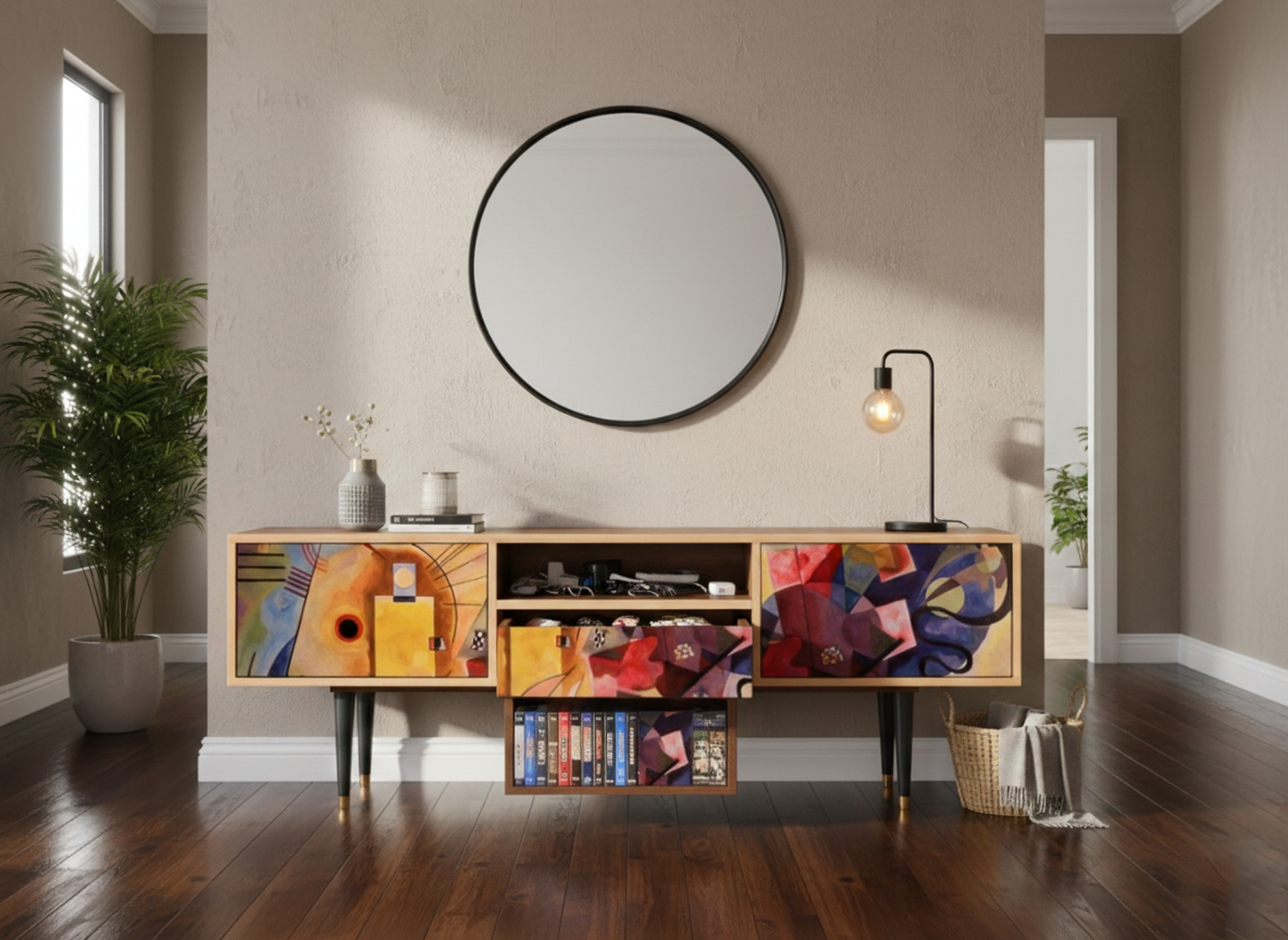 Hand-Painted Abstract Art Sideboard – Mid-Century Modern Designer Media Console