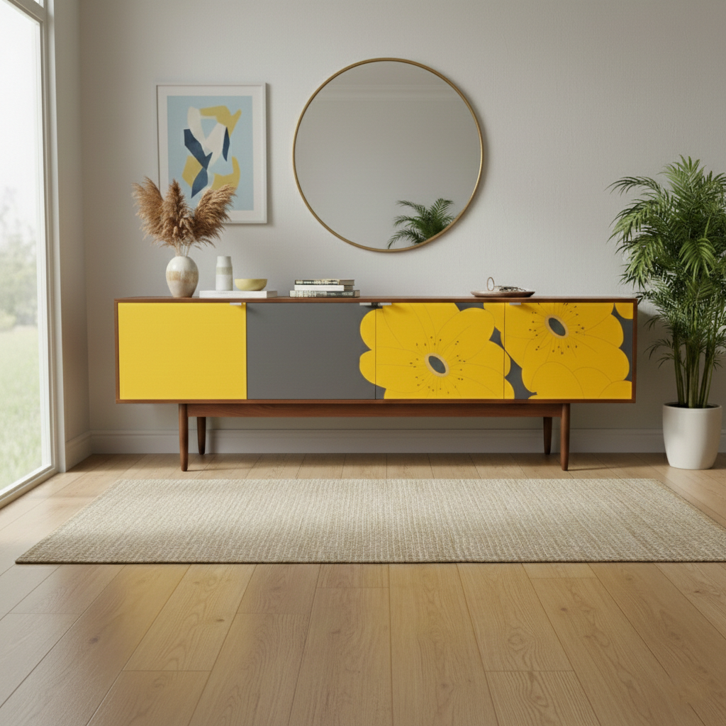 Hand-Painted Floral Sideboard – Yellow Flower Mid-Century Modern Media Console