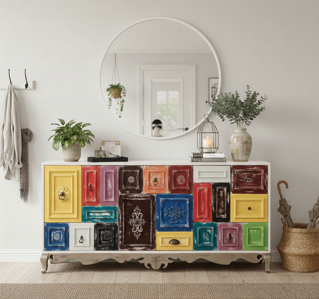 Hand-Painted Patchwork Sideboard – Vintage Boho Real Wood Storage Cabinet