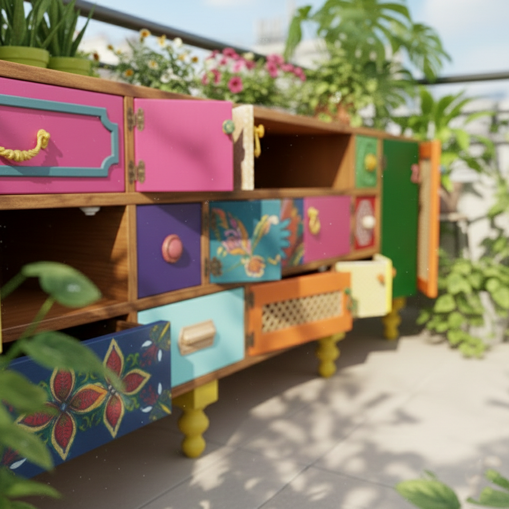 Boho Patchwork Hand-Painted Sideboard – Colorful Folk Art Wooden Credenza