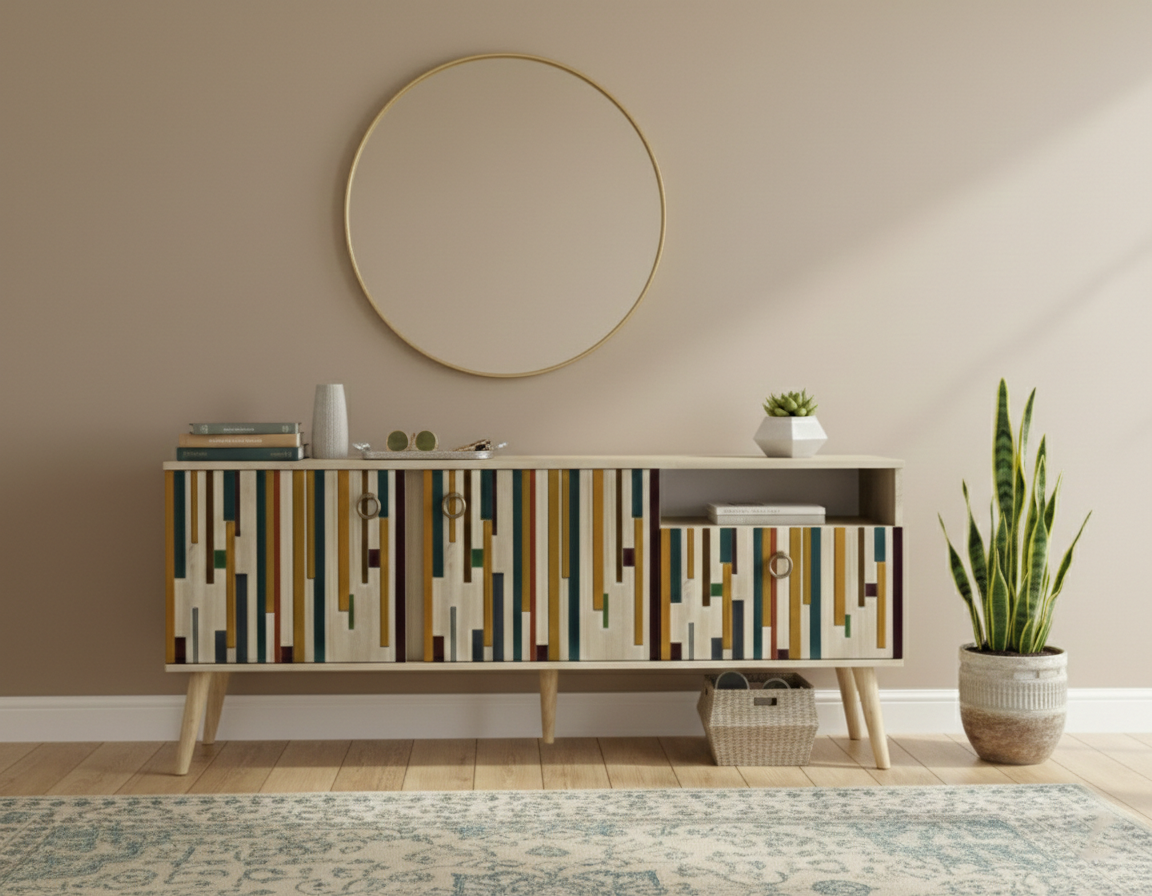 Hand-Painted Mid-Century Modern Sideboard – Minimalist Geometric Media Console