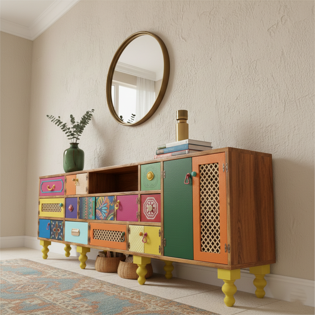 Boho Patchwork Hand-Painted Sideboard – Colorful Folk Art Wooden Credenza
