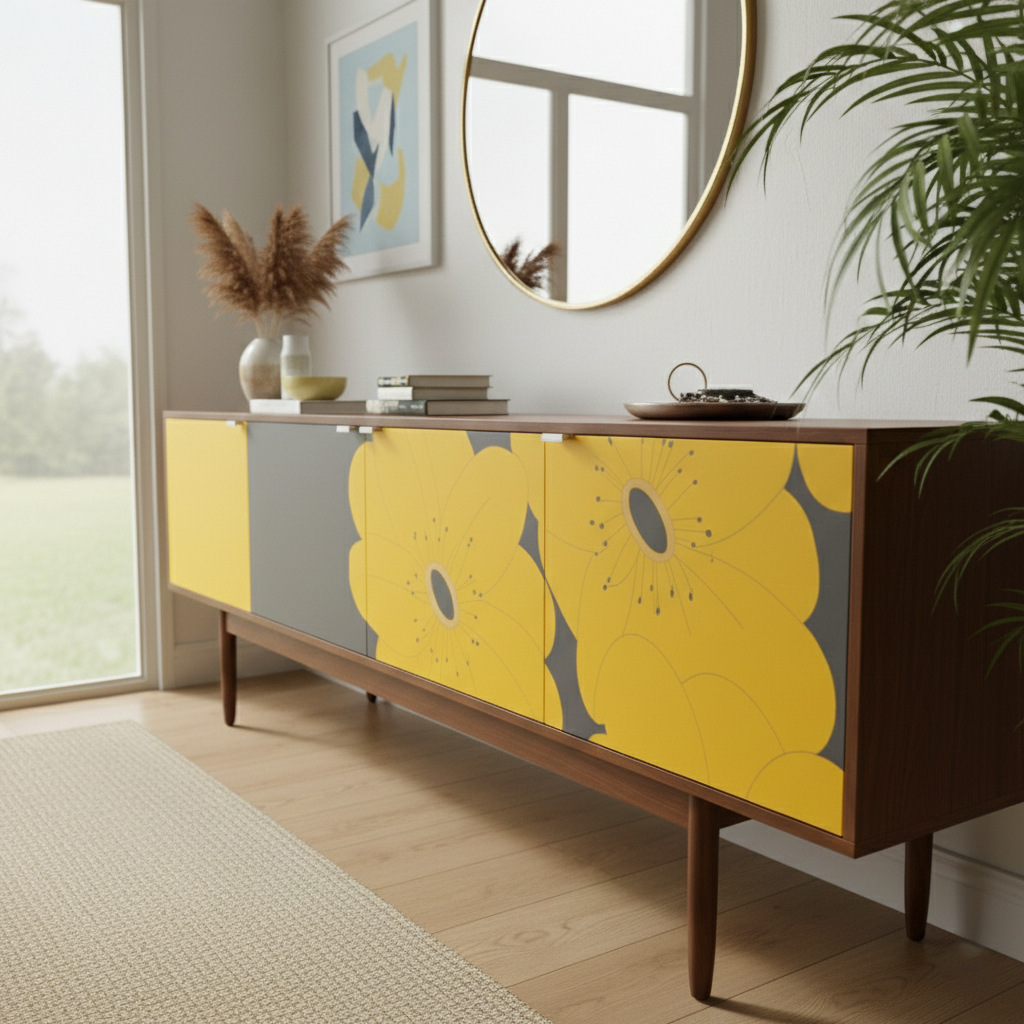 Hand-Painted Floral Sideboard – Yellow Flower Mid-Century Modern Media Console