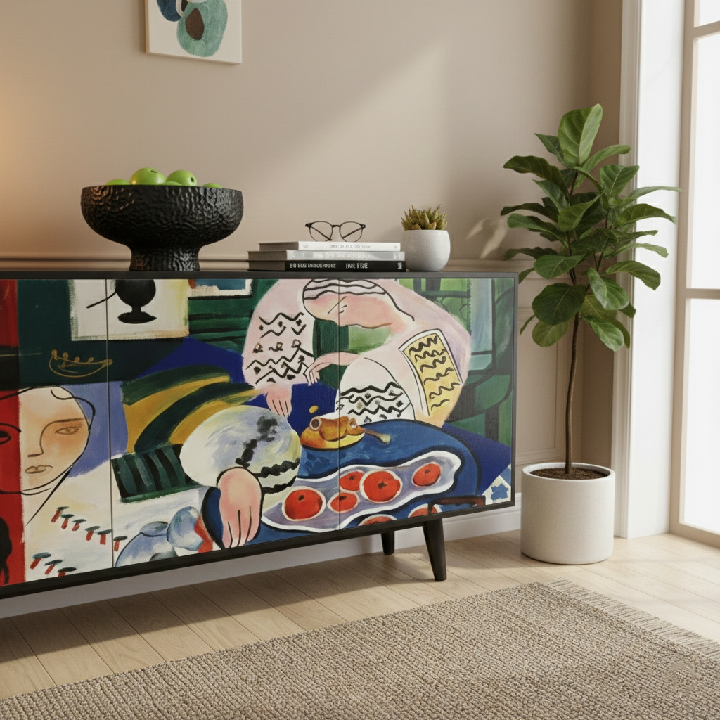 Hand-Painted Abstract Art Sideboard – Modern Statement Console Cabinet