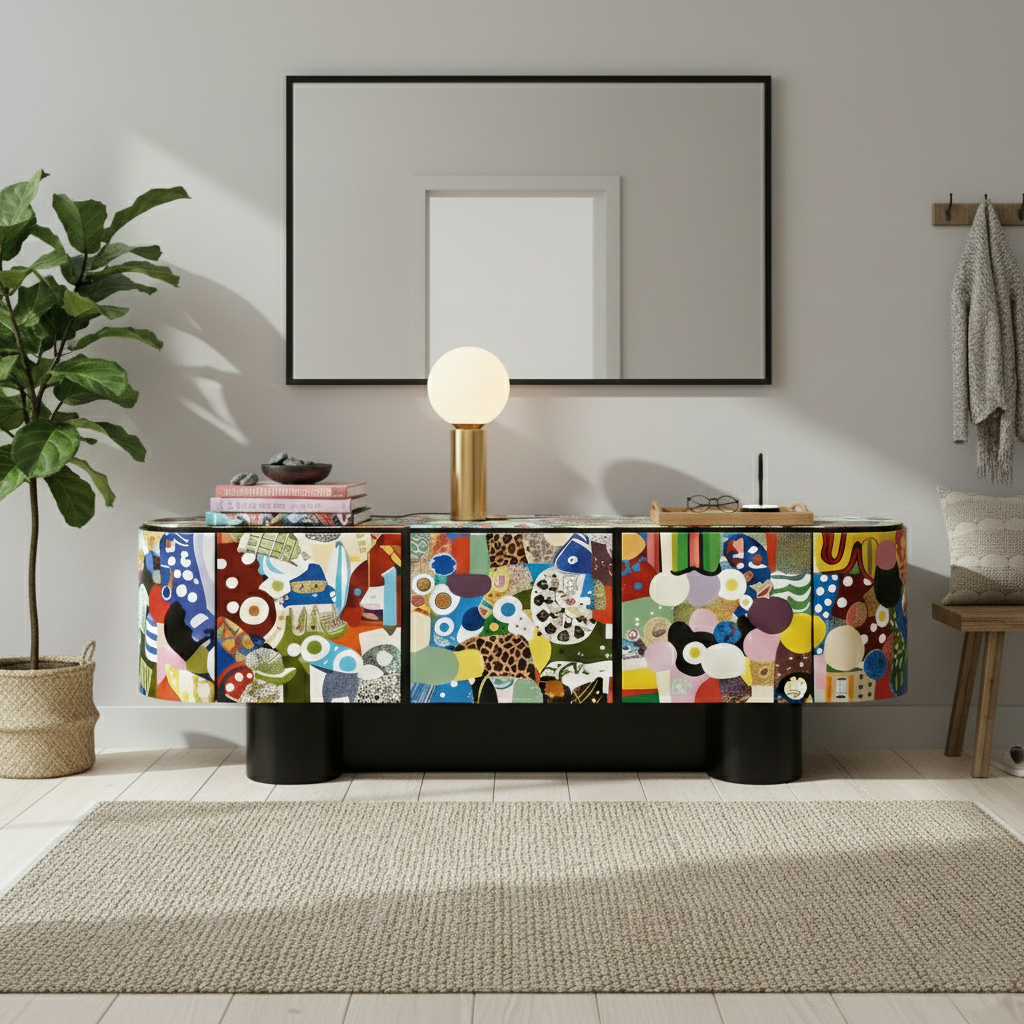 Hand-Painted Abstract Cabinet – Modern Art Media Console | Real Wood Designer Credenza