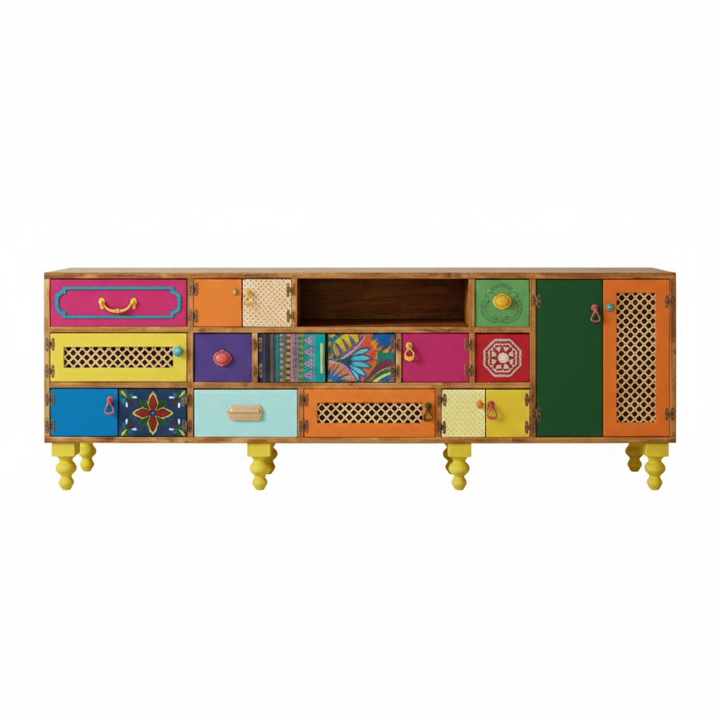 Boho Patchwork Hand-Painted Sideboard – Colorful Folk Art Wooden Credenza