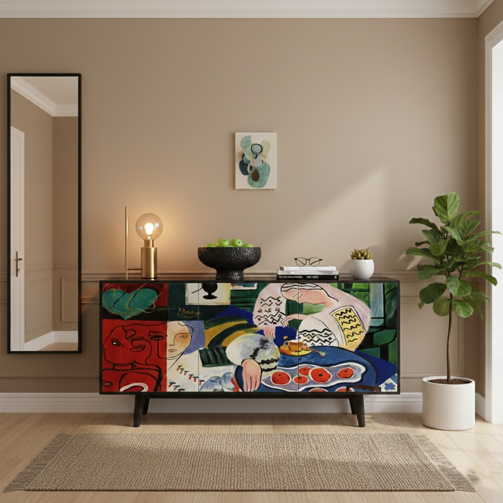 Hand-Painted Abstract Art Sideboard – Modern Statement Console Cabinet