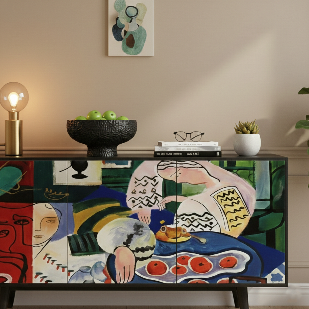 Hand-Painted Abstract Art Sideboard – Modern Statement Console Cabinet