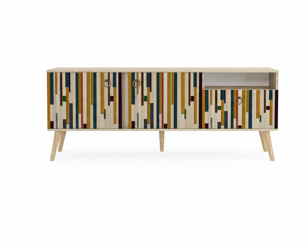 Hand-Painted Mid-Century Modern Sideboard – Minimalist Geometric Media Console