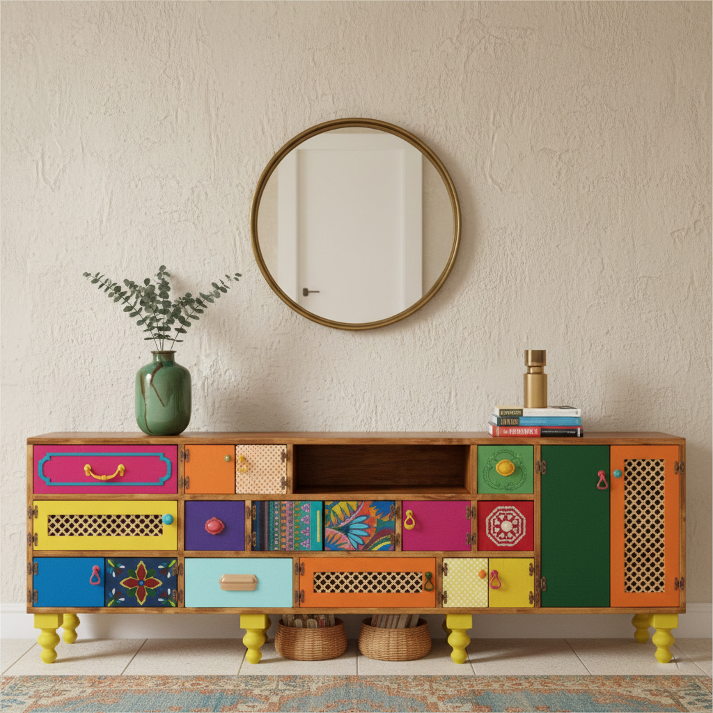Boho Patchwork Hand-Painted Sideboard – Colorful Folk Art Wooden Credenza