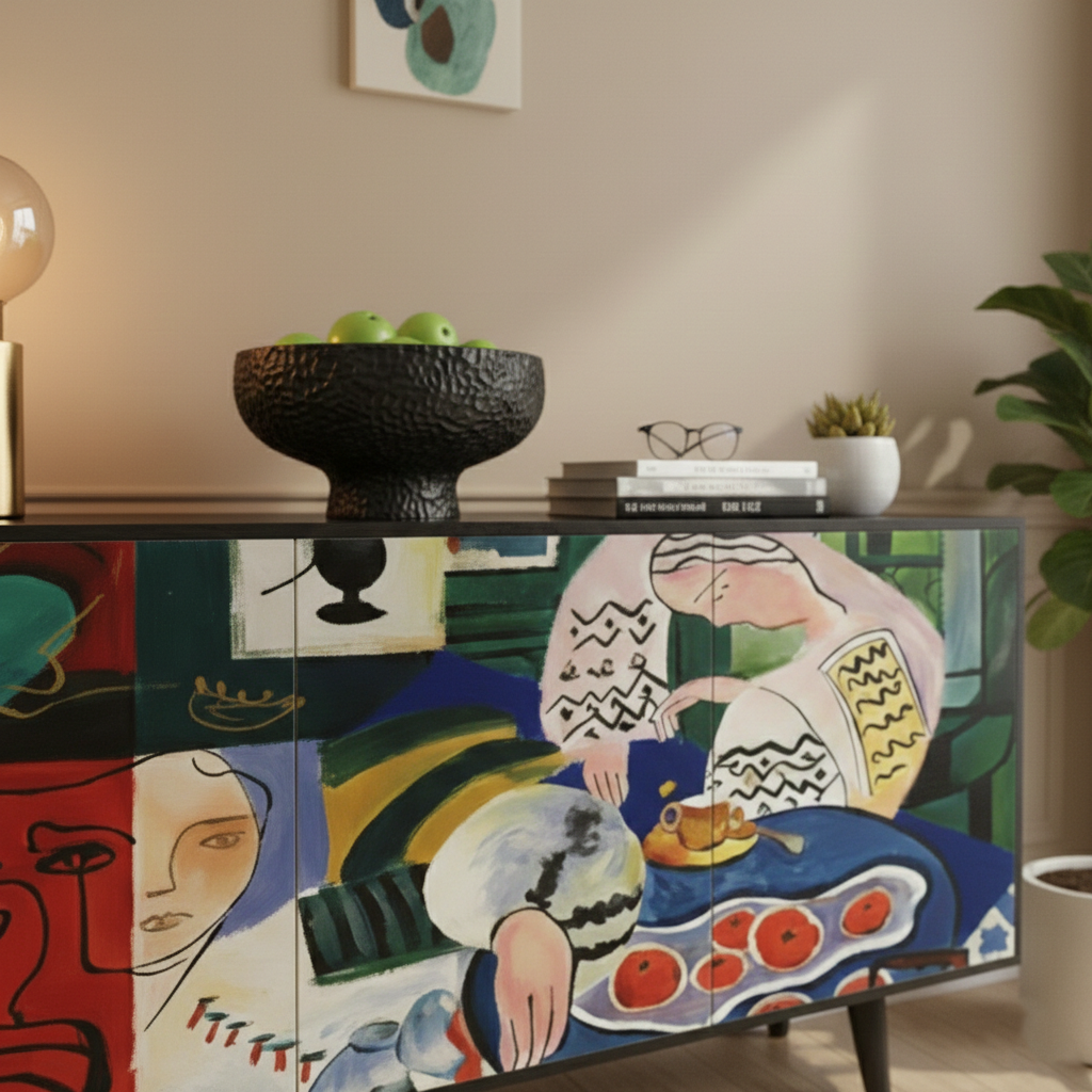 Hand-Painted Abstract Art Sideboard – Modern Statement Console Cabinet