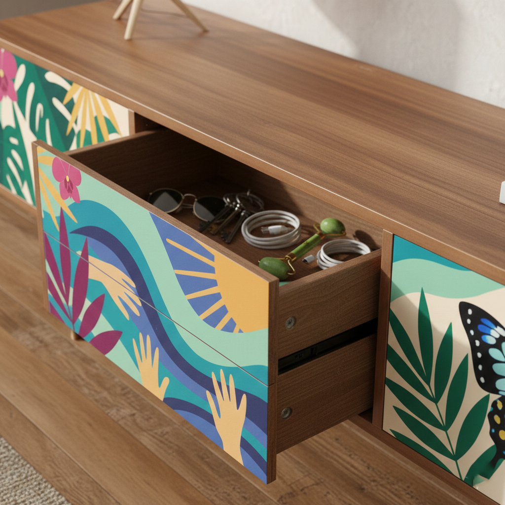 Hand-Painted Floral Butterfly Sideboard – Bohemian Real Wood Media Console