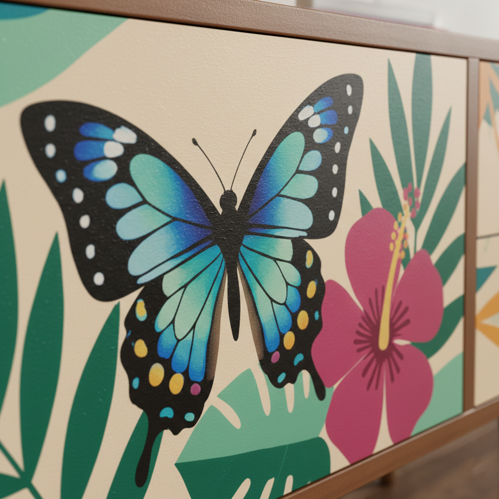 Hand-Painted Floral Butterfly Sideboard – Bohemian Real Wood Media Console