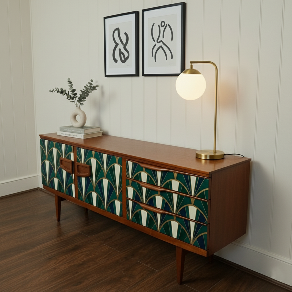 Emerald Green Geometric Sideboard Cabinet – Hand Painted Gold Leaf Art Deco Console | Real Wood Vintage Credenza (60”)
