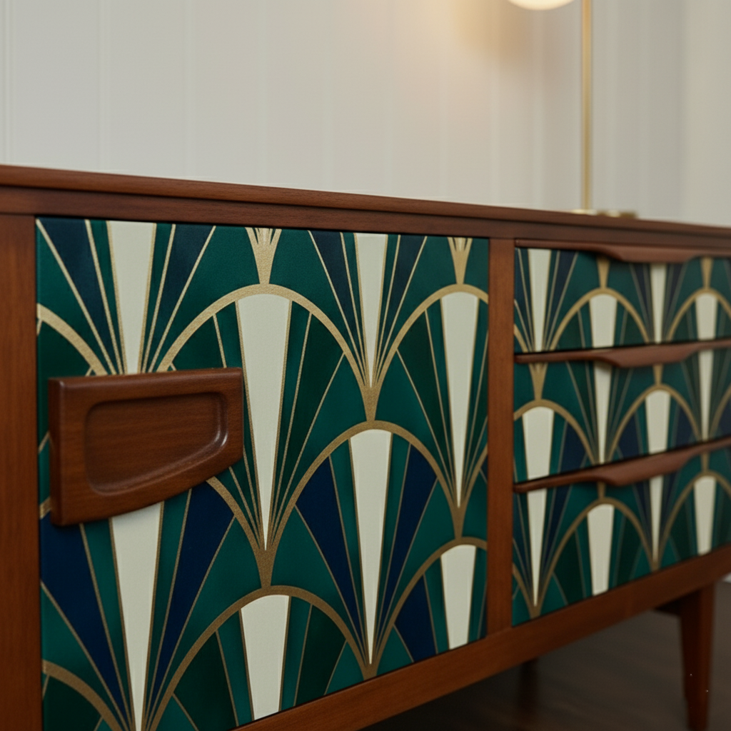 Emerald Green Geometric Sideboard Cabinet – Hand Painted Gold Leaf Art Deco Console | Real Wood Vintage Credenza (60”)