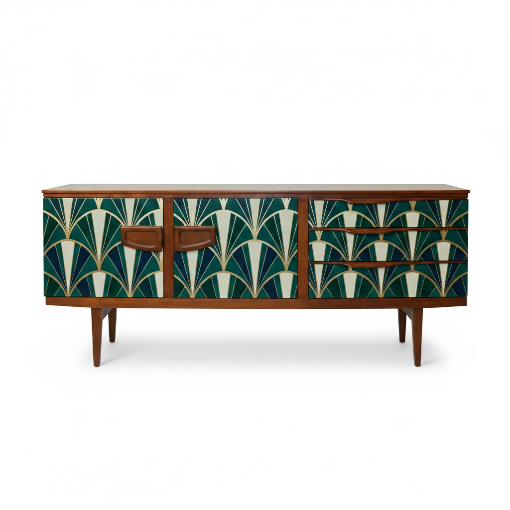 Emerald Green Geometric Sideboard Cabinet – Hand Painted Gold Leaf Art Deco Console | Real Wood Vintage Credenza (60”)